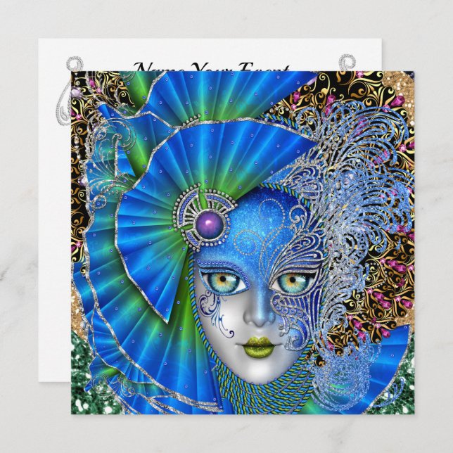 Invitación revisada de Mardi Gras con máscara (Anverso / Reverso)