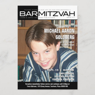 Invitación Revista blanco y negro de Mitzvah de la barra del