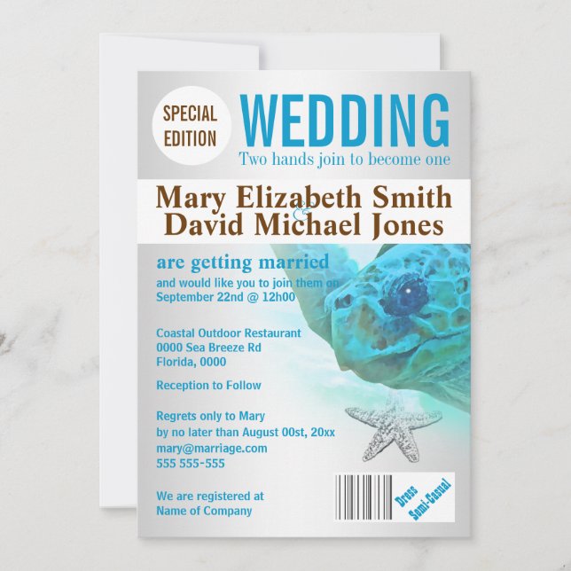 Invitación Revista de bodas en la playa de tortugas estelares (Anverso)