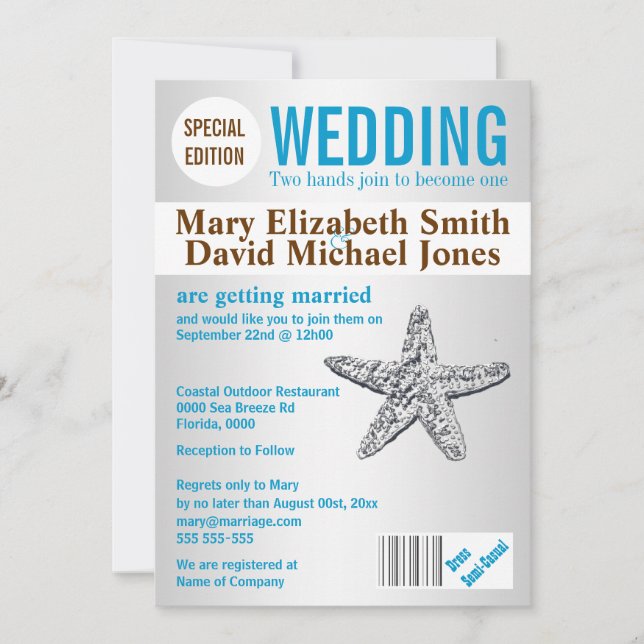 Invitación Revista de bodas en la playa Starfish PERSONALIZAR (Anverso)