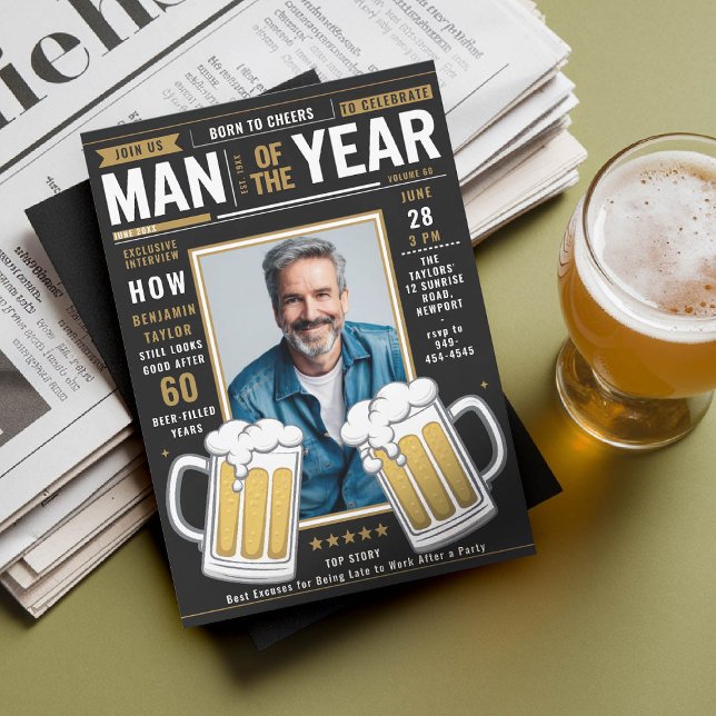 Invitación Revista de Cervezas Cobertura divertida Hombres Ad (men birthday party invitation beer themed magazine cover funny photo template black gold photo 40 50)