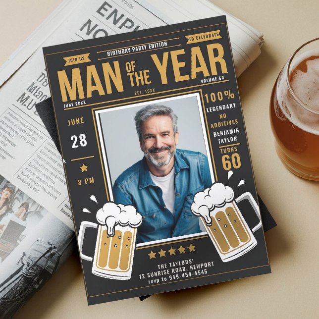 Invitación Revista de Cervezas Graciosa Hombres Adultos Invit (men birthday party invitation beer themed magazine photo template fun funny black yellow gold hue)
