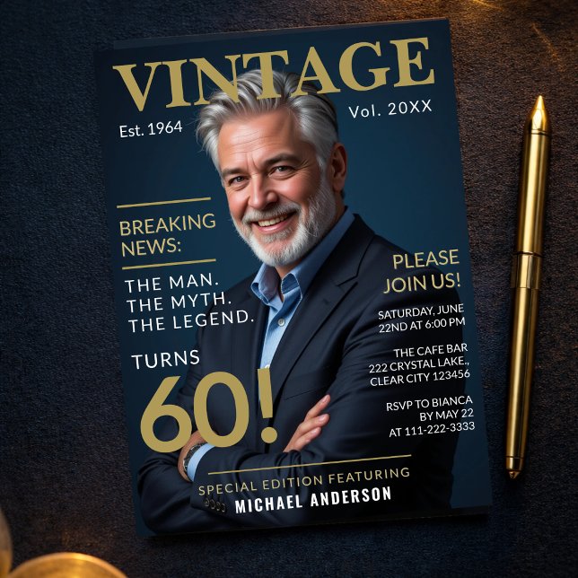 Invitación Revista de Cumpleaños 60 de Hombre (Close up of gold navy invite with premium typography and clean layout)