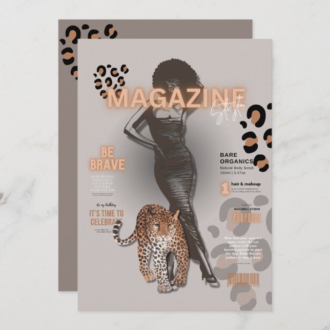 Invitación Revista diva de modas de la fiesta de la soltera (Anverso / Reverso)