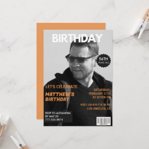 Invitación Revista Editorial en blanco y negro Cumpleaños 56