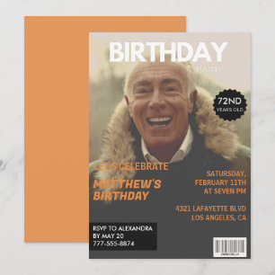 Invitación Revista Editorial en blanco y negro Cumpleaños 72