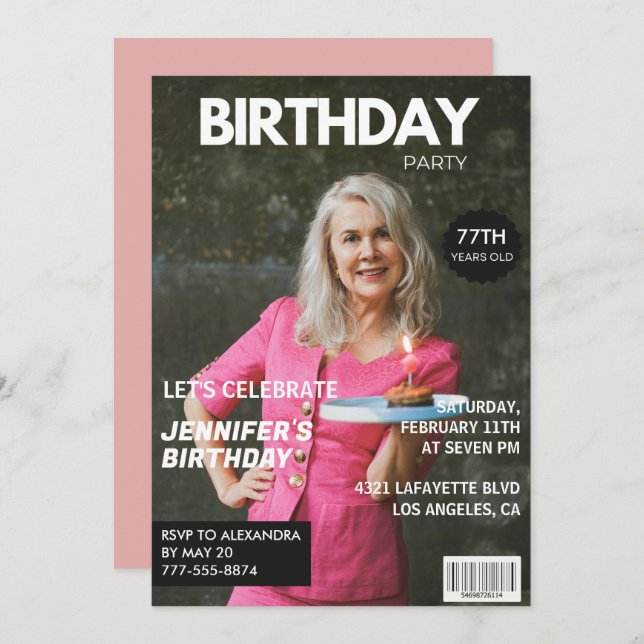 Invitación Revista Elegant Luxury Photo 77th cumpleaños (Anverso / Reverso)