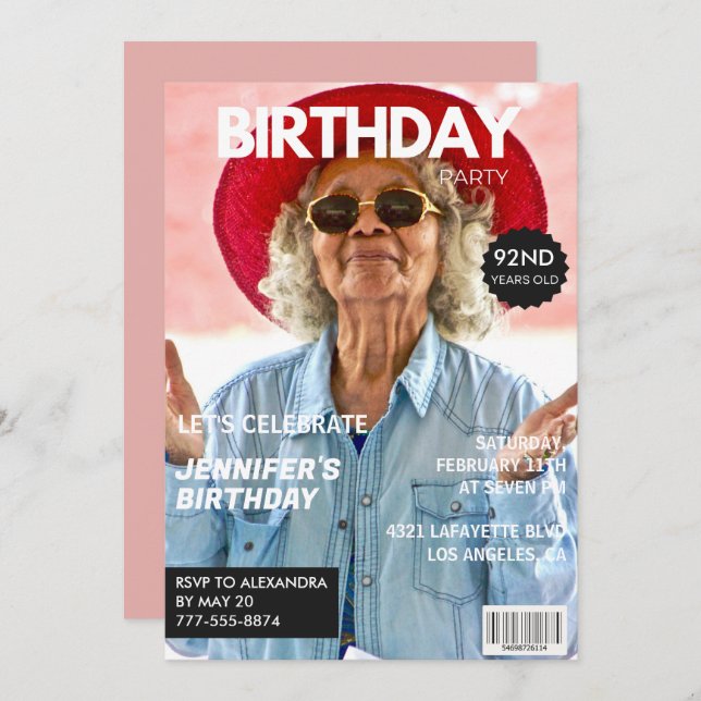 Invitación Revista Elegant Luxury Photo 92nd cumpleaños (Anverso / Reverso)