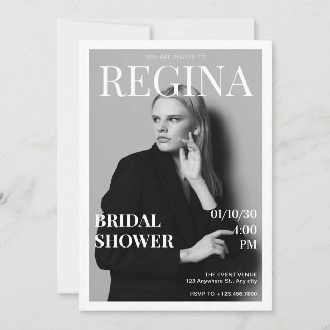 Invitación Revista elegante de fotos en blanco negro con duch (Anverso)