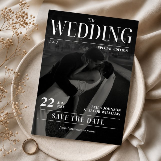 Invitación Revista moderna de periódico para salvar la fecha  (Newspaper Wedding Save the Date Modern Magazine Invitation, Photo Wedding Invite, Magazine Cover)