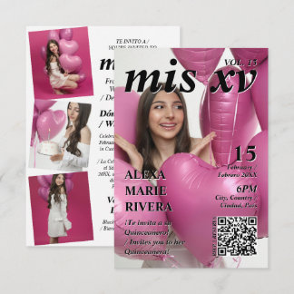 Invitación Revista Quinceañera Código QR de Foto Moderna Eleg
