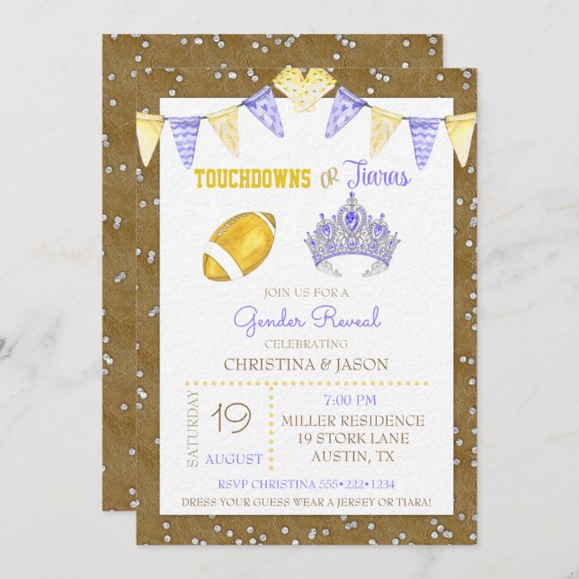 Invitación Revuelo de género morado amarillo tiaras (Anverso / Reverso)