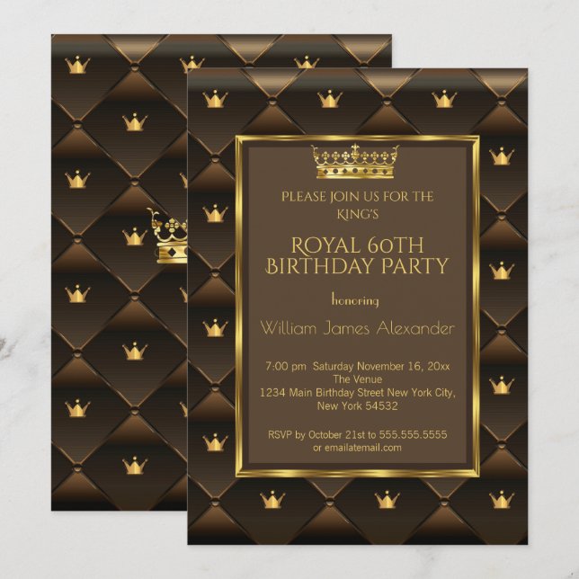 Invitación Rey 60 Fiesta de Cumpleaños Crown Gold Choc Brown (Anverso / Reverso)
