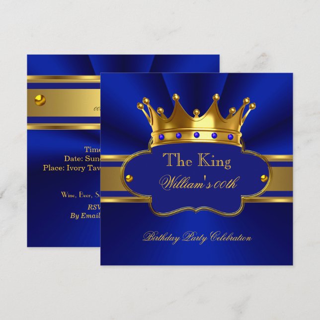 Invitación Rey Azul Real Oro Cumpleaños Hombre Hombres (Anverso / Reverso)