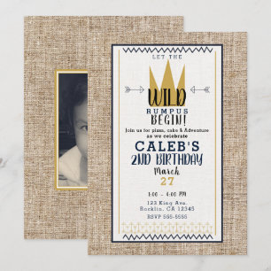 Invitación Rey Cosa Salvaje Corona Dorada Burlap Fiesta Foto