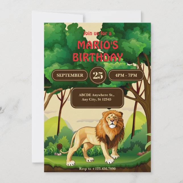 Invitación Rey león del cumpleaños de la jungla (Anverso)