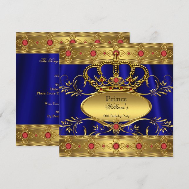 Invitación Rey Príncipe Azul Real Rojo Corona Cumpleaños 2 (Anverso / Reverso)