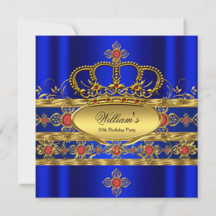 Invitación Rey Príncipe Real Azul Oro Rojo Corona Cumpleaños 