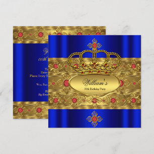 Invitación Rey Príncipe Real Azul Oro Rojo Corona Cumpleaños