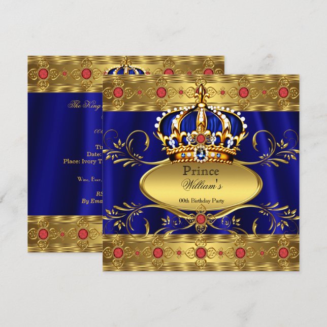 Invitación Rey Príncipe Real Azul Regal Corona Roja Cumpleaño (Anverso / Reverso)