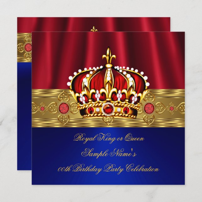 Invitación Rey Reina Roja Corona Real Dorado Azul Cumpleaños  (Anverso / Reverso)
