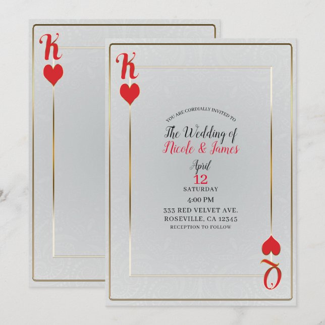 Invitación Rey Rojo Blanco & Reina de Corazones Boda Elegante (Anverso / Reverso)