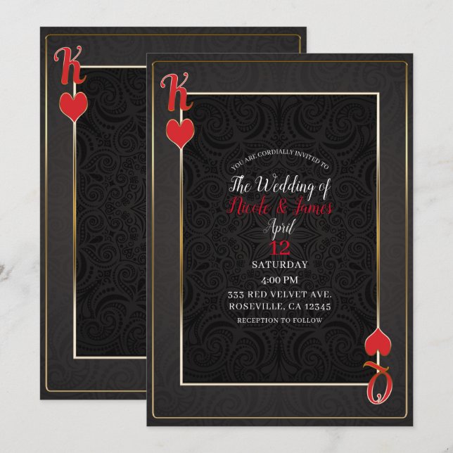 Invitación Rey Rojo Negro y Reina de Corazones Elegante Boda (Anverso / Reverso)