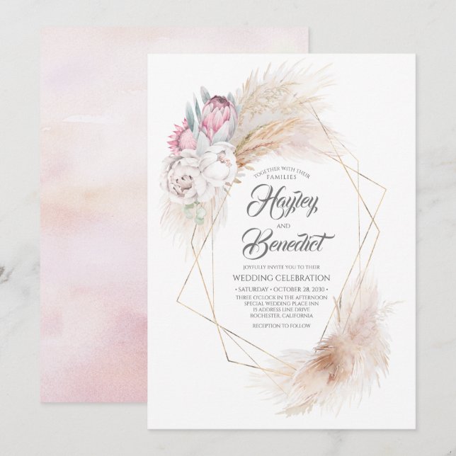 Invitación Rey rosa Protea y Boda moderno de gramaje Pampas (Anverso / Reverso)