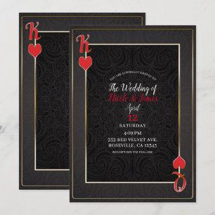 Invitación Rey y Reina de Corazones Negro Rojo Boda Elegante