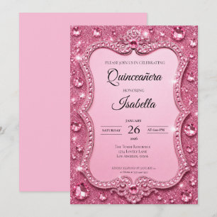 Invitación Rhinestones de Lujo Rosa Quinceañera Brillante
