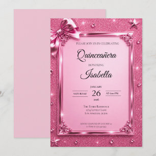 Invitación Rhinestones de Lujo Rosa Quinceañera Brillante