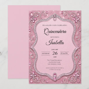Invitación Rhinestones de Lujo Rosa Quinceañera Brillante