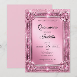 Invitación Rhinestones de Lujo Rosa Quinceañera Brillante