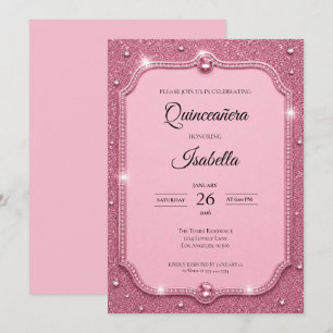 Invitación Rhinestones de Lujo Rosa Quinceañera Brillante
