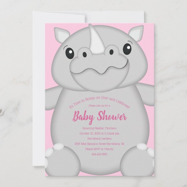 Invitación Rhino Baby Shower Safari Chica rosado (Anverso)