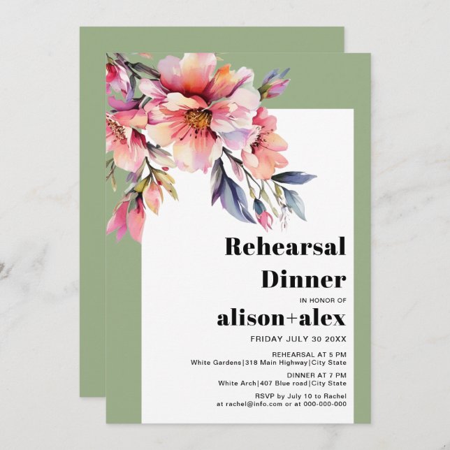Invitación Rhododendron flowers wedding rehearsal dinner (Anverso / Reverso)