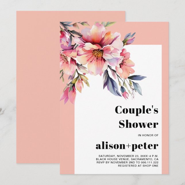 Invitación Rhododendron, peach-pink flowers couple's shower (Anverso / Reverso)