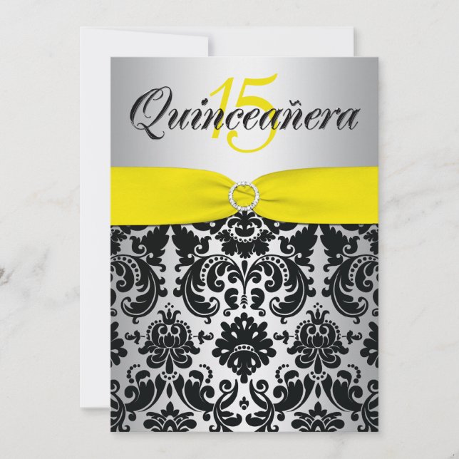 Invitación RIBBON amarillo plateado Quinceanera negro (Anverso)