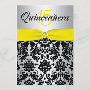Invitación RIBBON amarillo plateado Quinceanera negro