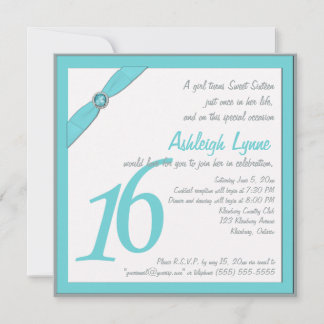 Invitación RIBBON Aqua IMPRESO, Gris Sweet 16 Invite