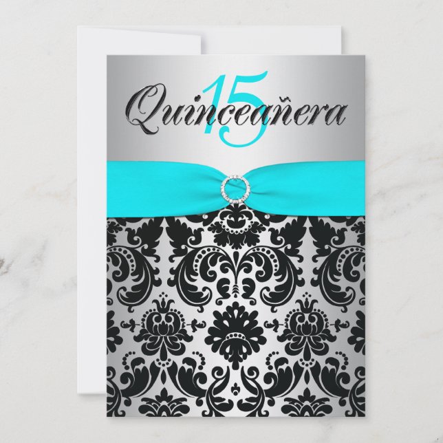 Invitación RIBBON Aqua Silver Quinceanera negra (Anverso)
