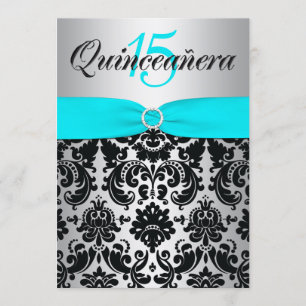 Invitación RIBBON Aqua Silver Quinceanera negra