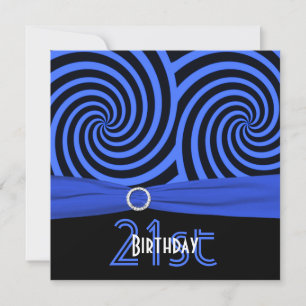 Invitación RIBBON Azul IMPRESO, Black Swirls 21º cumpleaños