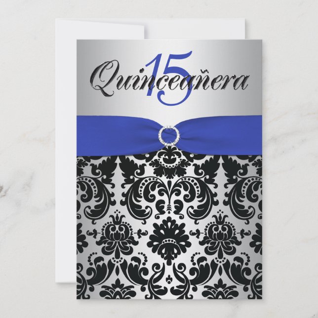 Invitación RIBBON Blue Silver Quinceanera negra (Anverso)