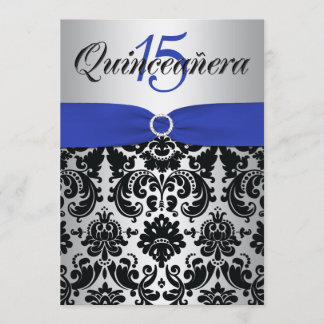 Invitación RIBBON Blue Silver Quinceanera negra