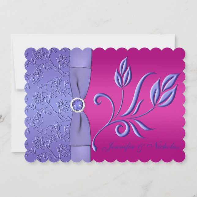 Invitación RIBBON Fuchsia IMPRESO, Boda Floral Periwinkle (Anverso)