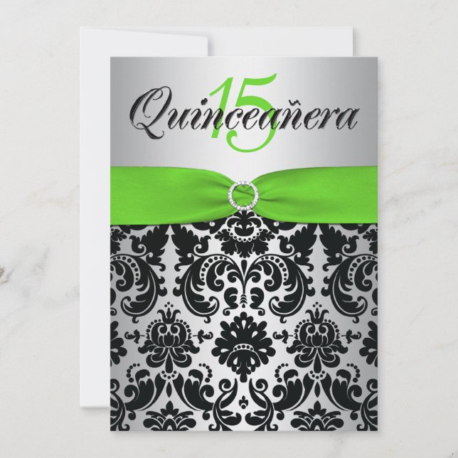 Invitación RIBBON Green Silver Black Quinceanera (Anverso)