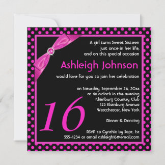 Invitación RIBBON IMPRESIONADO Polka Dot Sweet 16 cumpleaños 