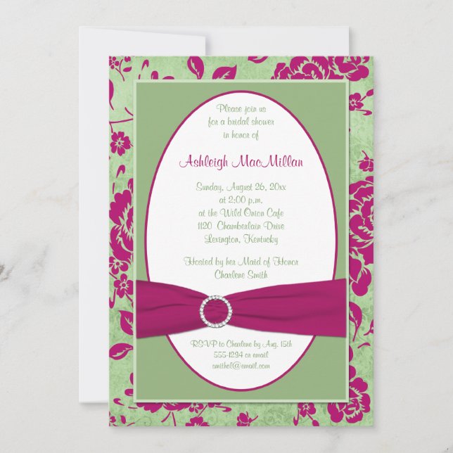 Invitación RIBBON IMPRESO Ducha de novia floral verde borgoño (Anverso)