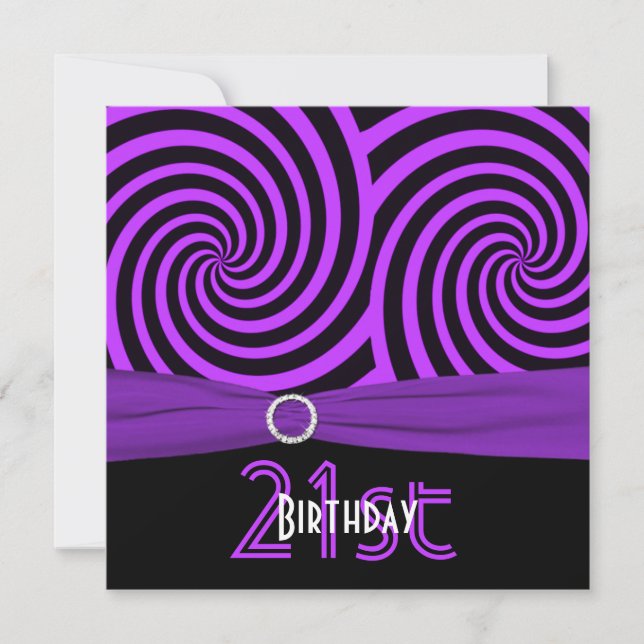 Invitación RIBBON IMPRESO Púrpura, Black Swirls 21º cumpleaño (Anverso)